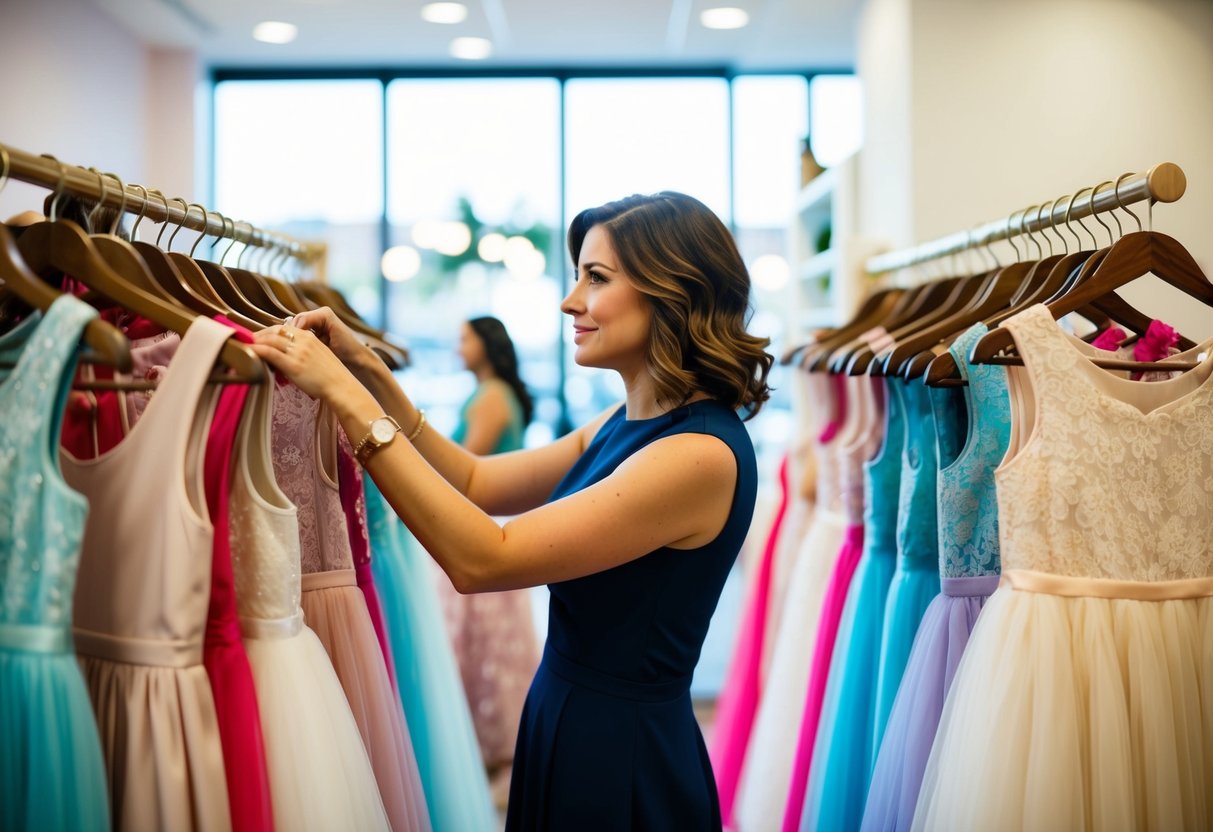 A woman browsing through a rack of flower girl dresses in a boutique