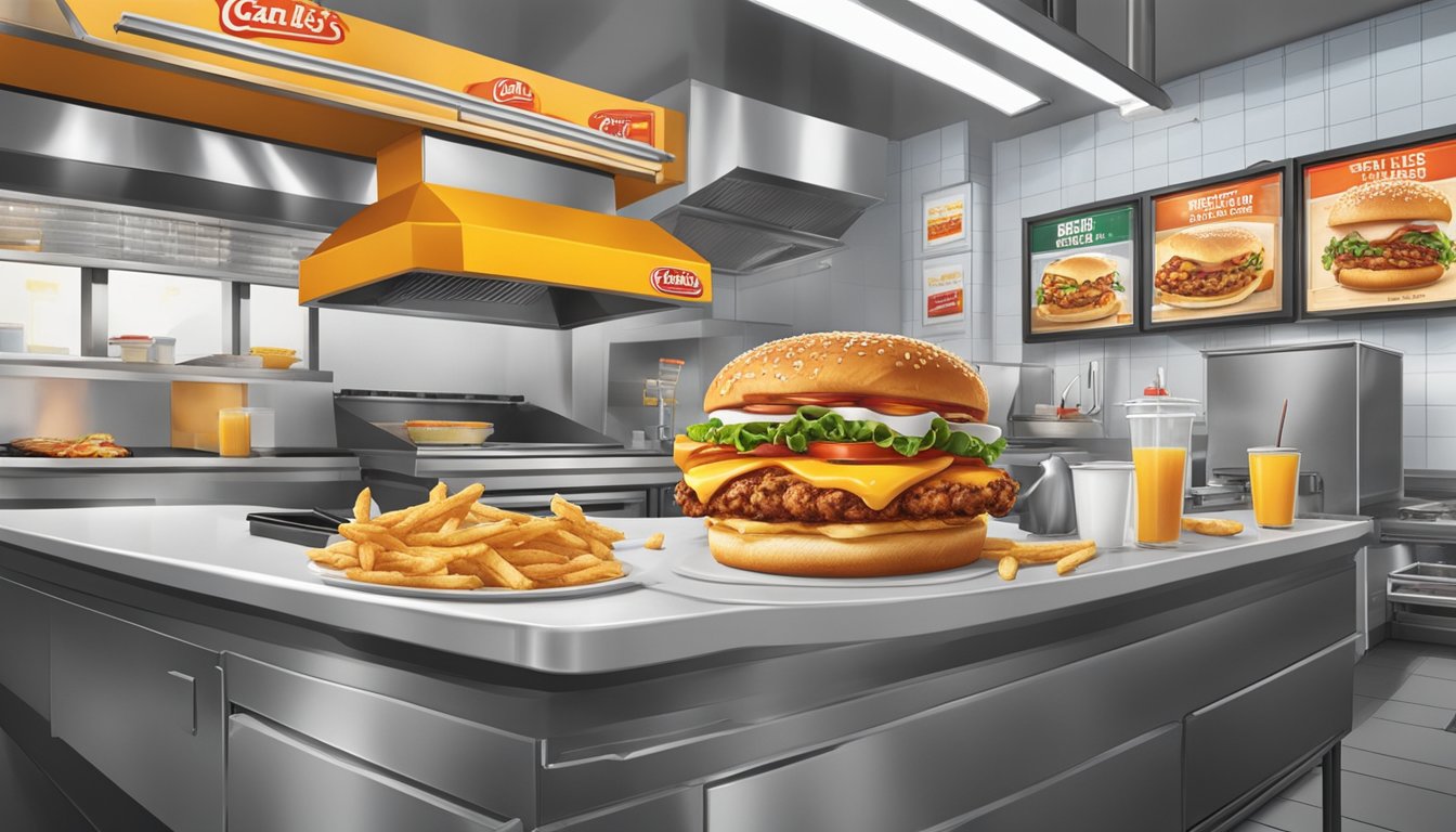 A sizzling breakfast sandwich moves from grill to table in a bustling Carl's Jr. kitchen, surrounded by fresh ingredients and the aroma of cooking food