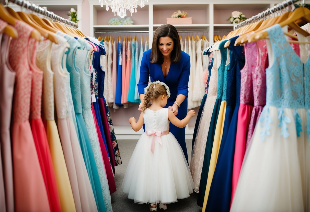 A mother and daughter browse through racks of flower girl dresses in a boutique, surrounded by colorful fabrics and delicate lace designs