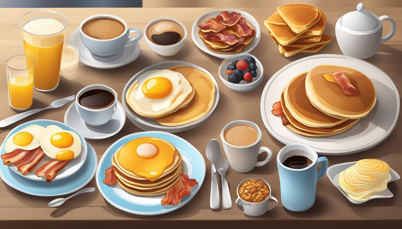 A table set with a variety of breakfast items, including pancakes, eggs, bacon, and coffee, with a spotlight on the celebrity favorites section