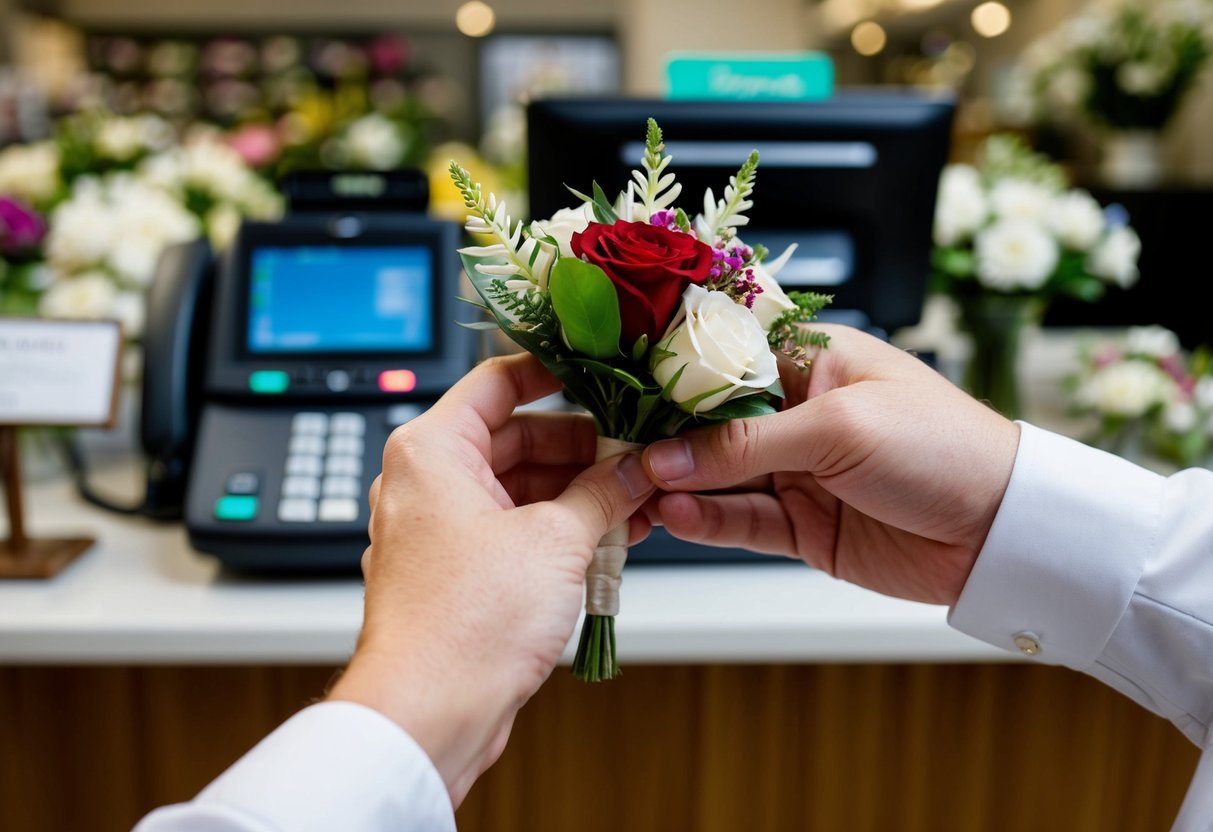 A hand holding a corsage and boutonniere, with a cash register and florist's counter in the background
