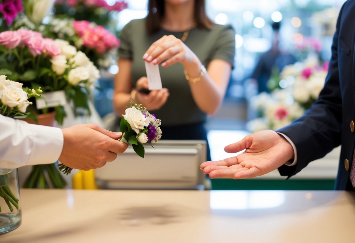 A person holding a corsage in one hand and reaching out towards a flower shop cashier with the other hand, while the cashier hands over the corsage