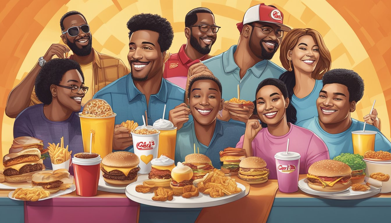 A group of well-known celebrities enjoying a variety of breakfast items from Carl's Jr., expressing their love for the brand