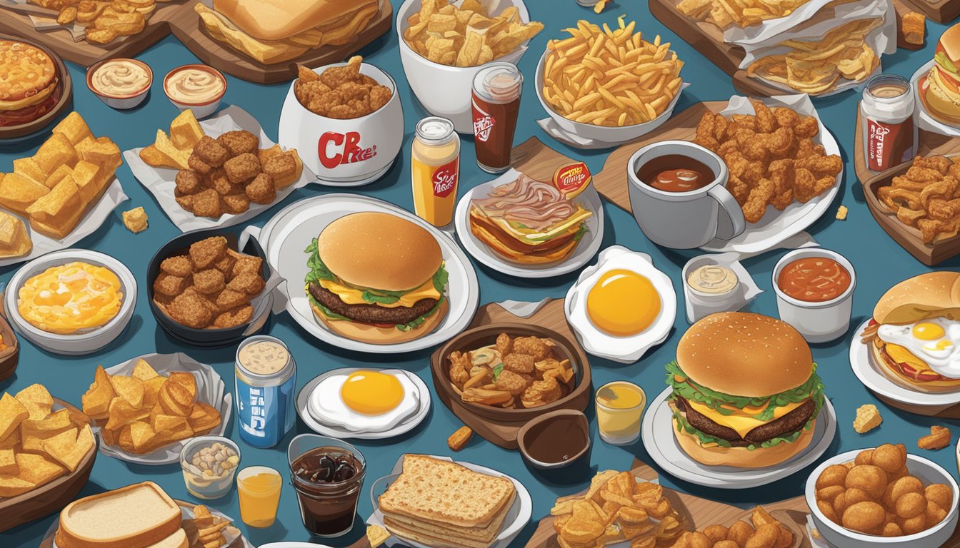 A table filled with Carl's Jr. breakfast items, surrounded by smiling celebrity caricatures