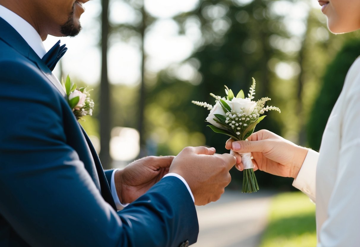A person presenting a corsage to another person