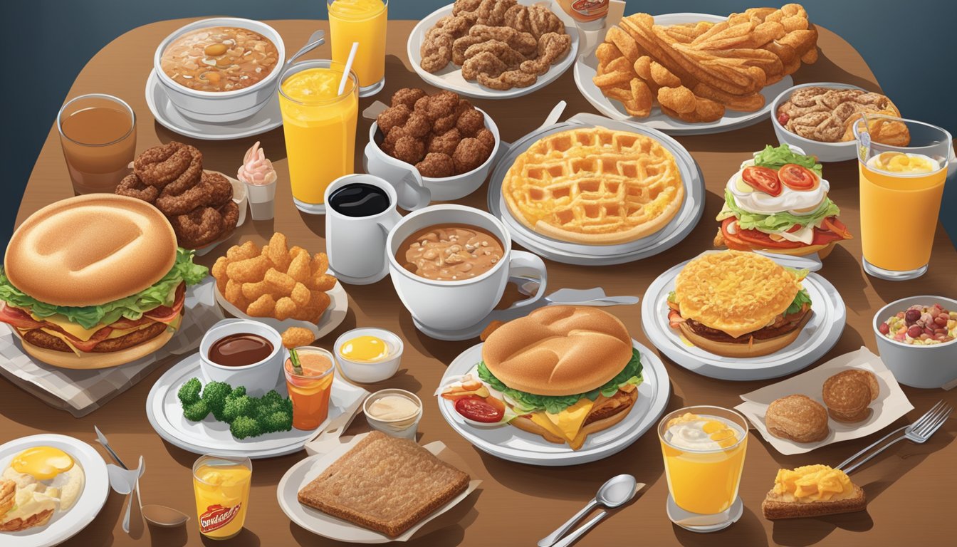 A table filled with mouthwatering breakfast items, surrounded by various celebrities' favorite dishes and drinks from Carl's Jr