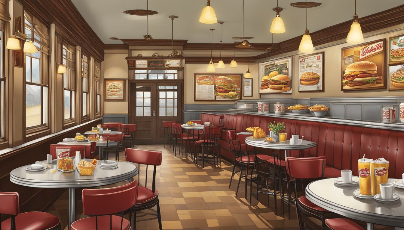 A bustling Carl's Jr. restaurant with a historical motif, featuring vintage decor and a breakfast menu displayed prominently