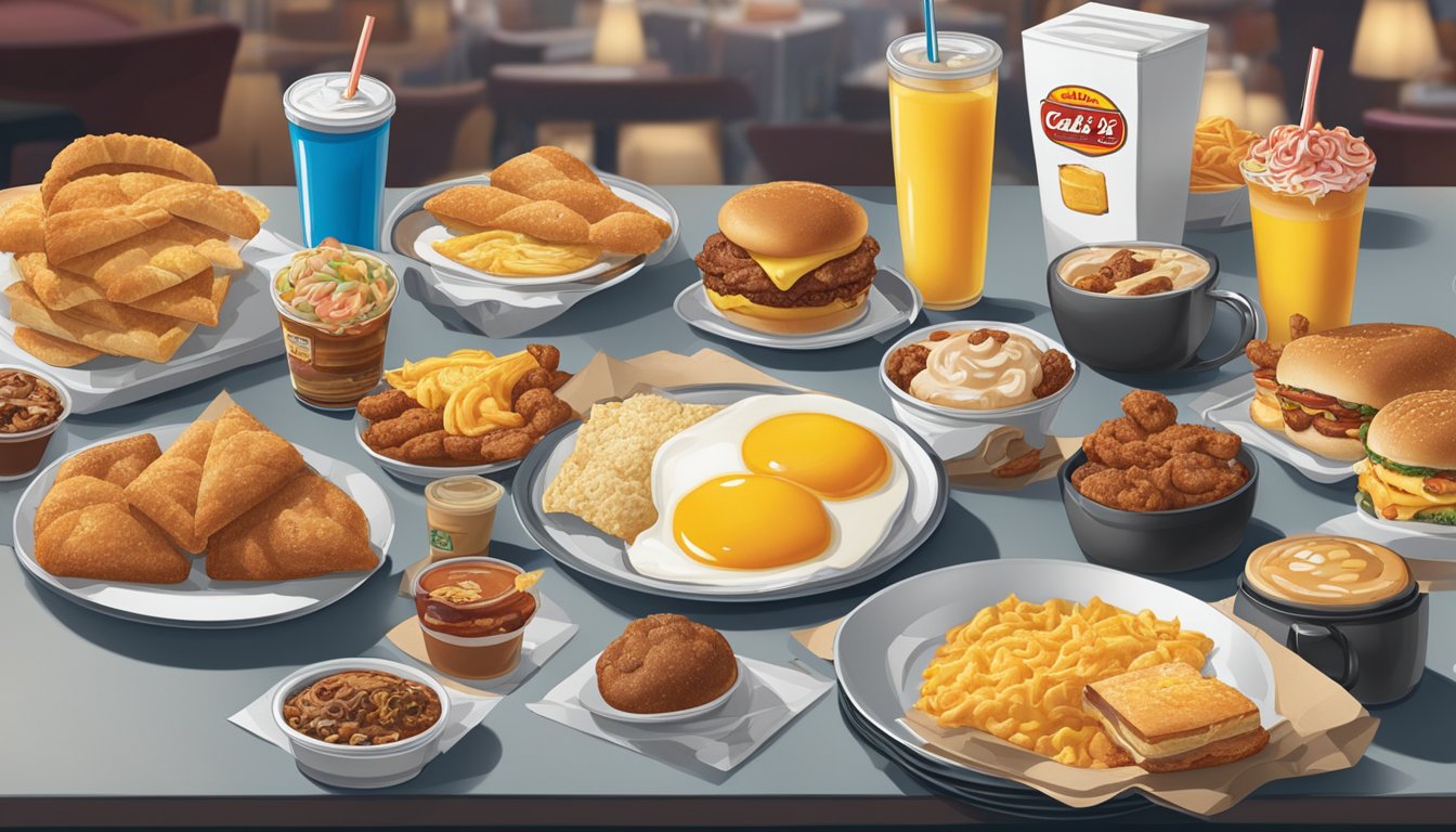 A table set with a variety of breakfast items from Carl's Jr., surrounded by celebrity memorabilia and autographed photos