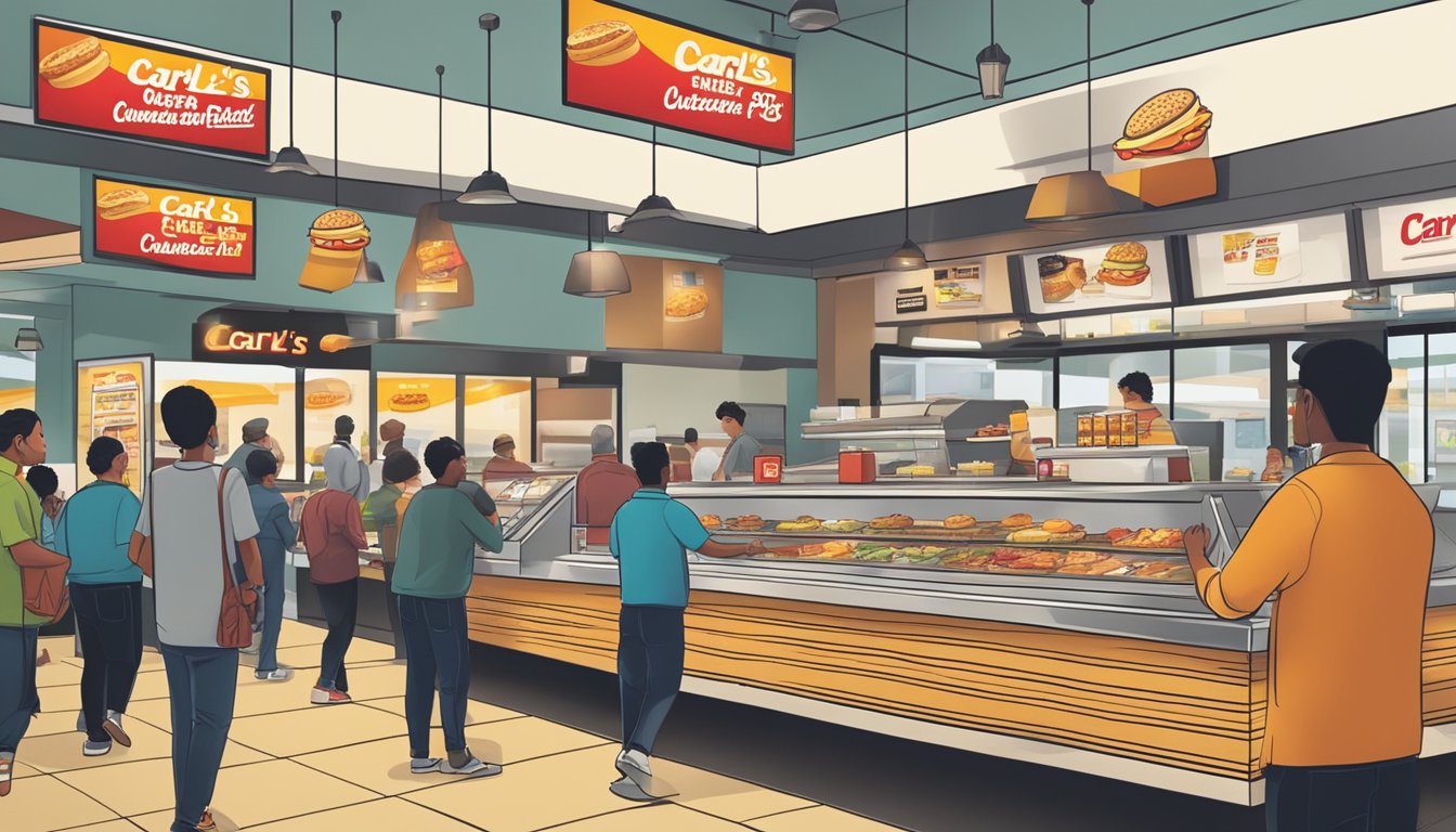 A bustling breakfast rush at a Carl's Jr. with customers lining up for affordable meals. A competitive pricing strategy is evident through prominent signage and menu displays