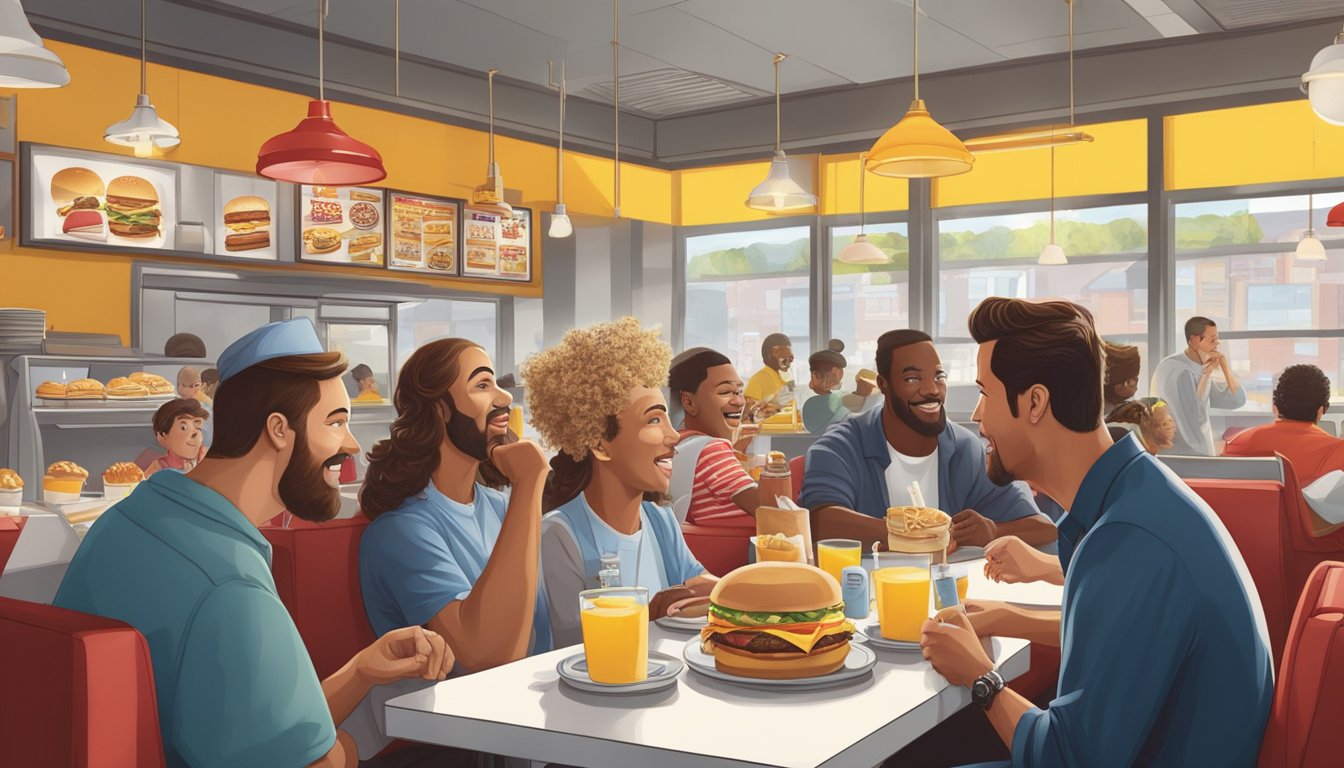 A bustling breakfast scene at Carl's Jr. with iconic celebrities enjoying their favorite morning meals