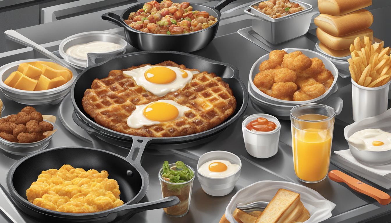 A sizzling skillet of breakfast items with fresh, high-quality ingredients being expertly prepared in a bustling Carl's Jr. kitchen