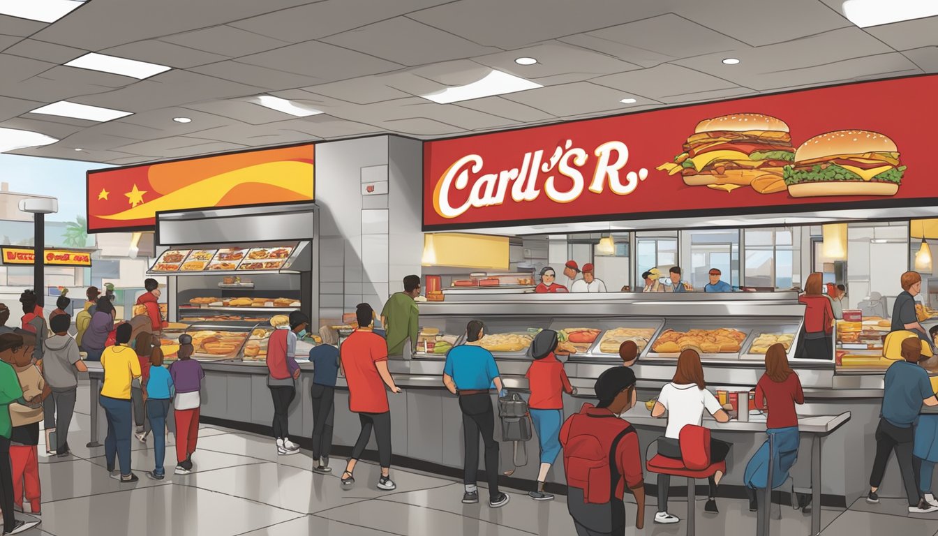 A bustling breakfast rush at Carl's Jr. as customers line up for affordable menu items. The restaurant's logo prominently displayed, with staff efficiently serving orders