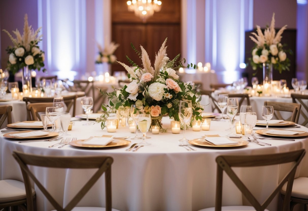 A beautifully decorated top table at a wedding reception with elegant place settings, floral centerpieces, and soft candlelight