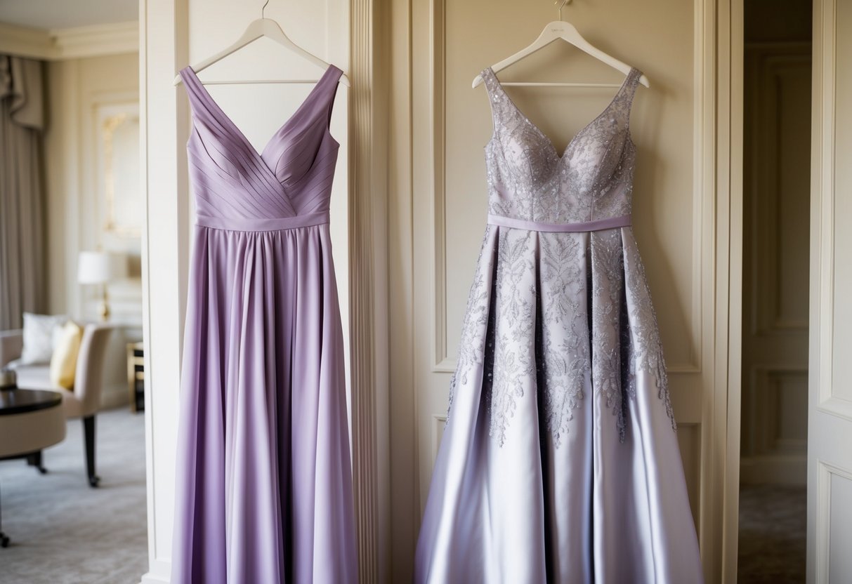 The two elegant dresses in matching shades of soft lavender and silver, hang side by side in the luxurious bridal suite