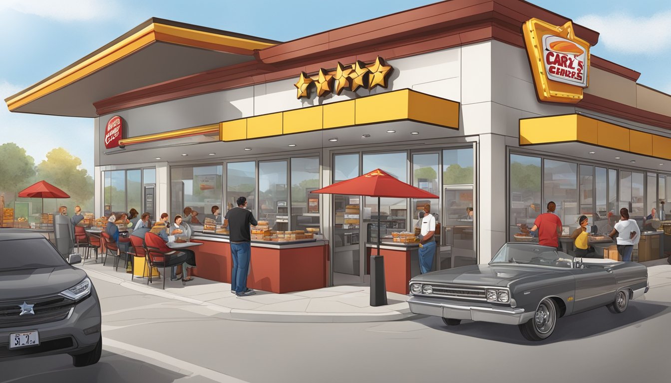 A bustling Carl's Jr. restaurant with a drive-thru, outdoor seating, and a busy staff serving a variety of breakfast items to a diverse group of customers