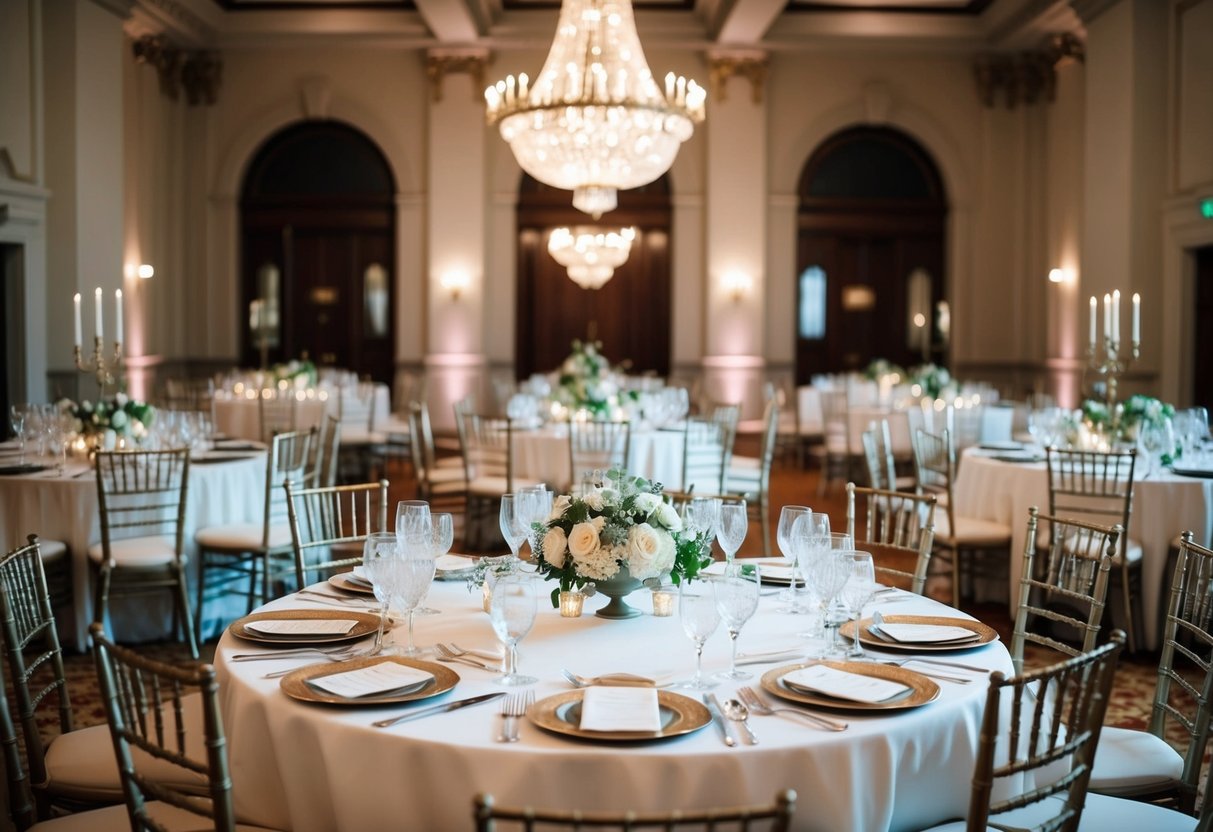 A beautifully set table with elegant place settings and ornate chairs, positioned at the center of a grand ballroom with a chandelier overhead