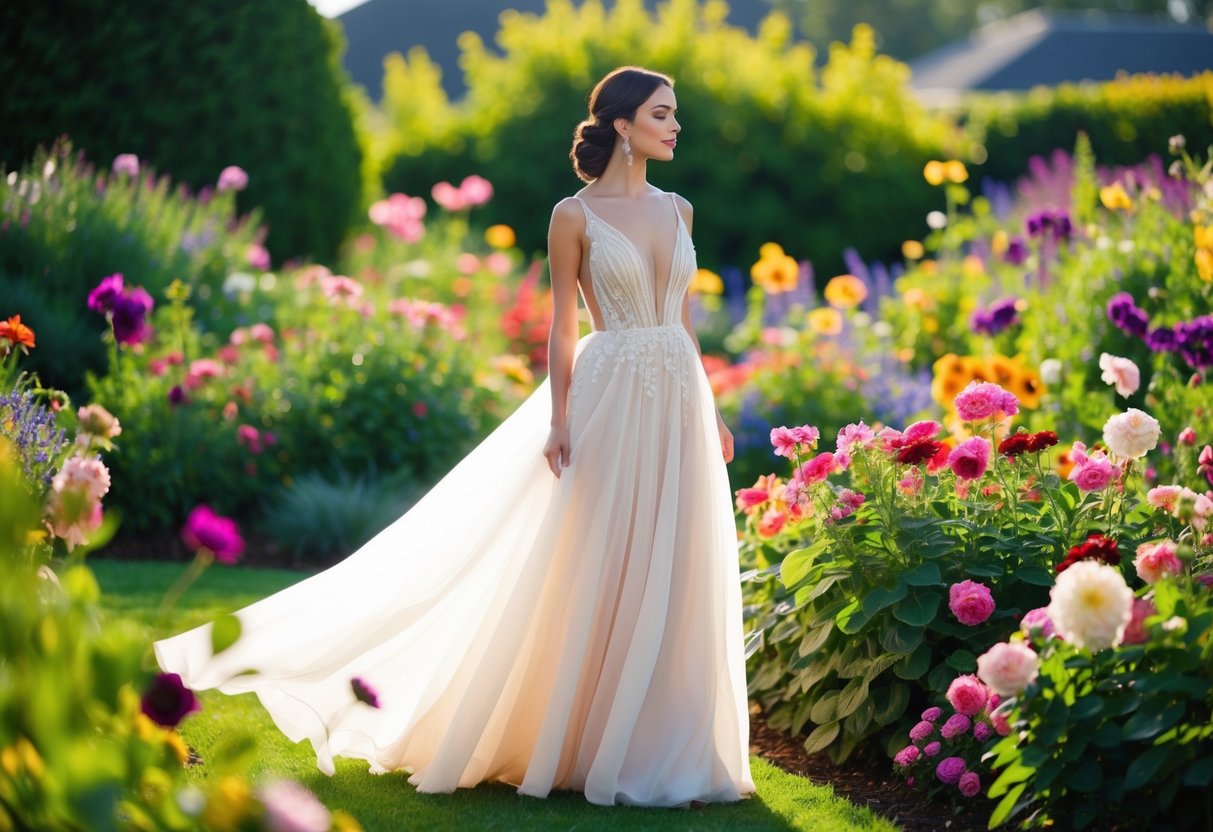A woman in a flowing gown stands amidst a garden of vibrant flowers, her attire exuding elegance and grace
