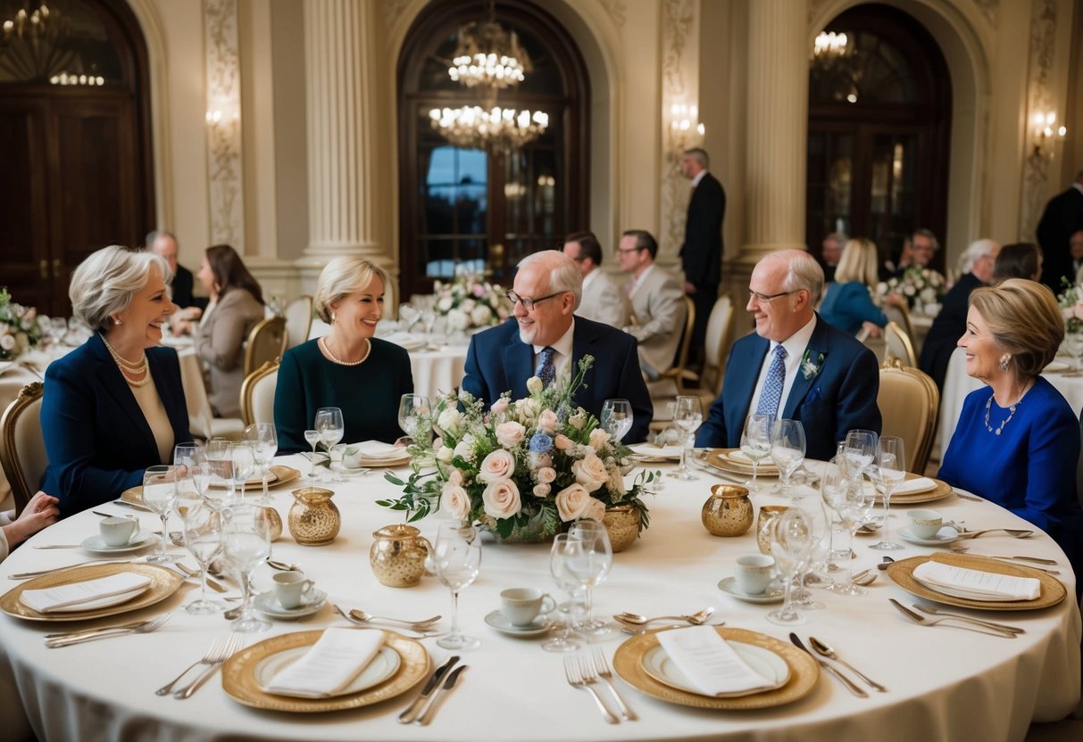 A large, ornate table with elegant place settings and floral centerpieces. Family members seated around it, engaged in lively conversation