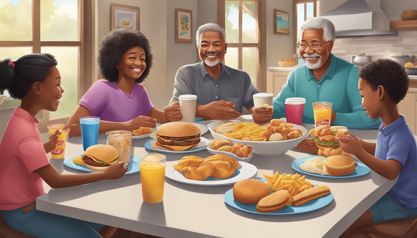 A family sitting around a table enjoying a breakfast spread from Carl's Jr. with multiple generations represented