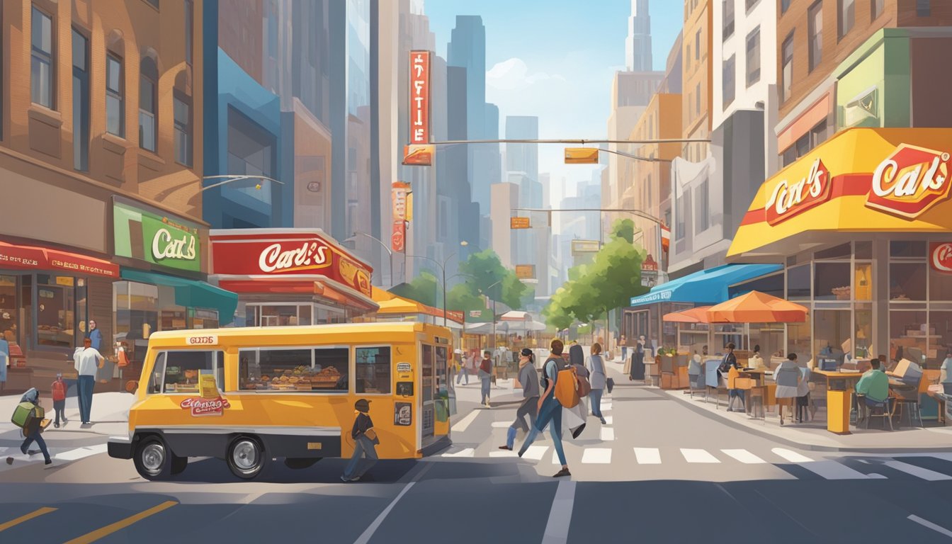 A bustling city street with a vibrant Carl's Jr. restaurant, surrounded by competing breakfast eateries. Bright signage and busy foot traffic illustrate the competitive market