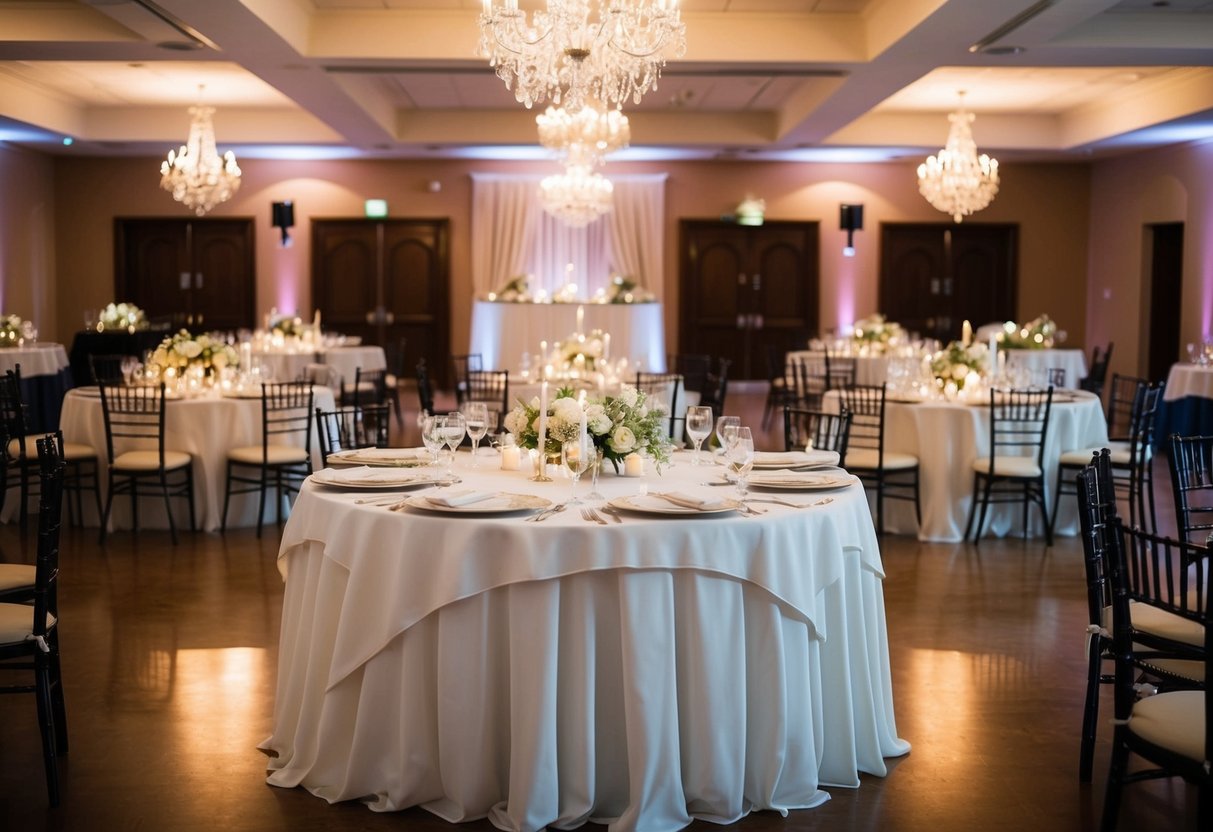 A beautifully decorated wedding reception with a top table set up for the bride, groom, and their closest family and friends