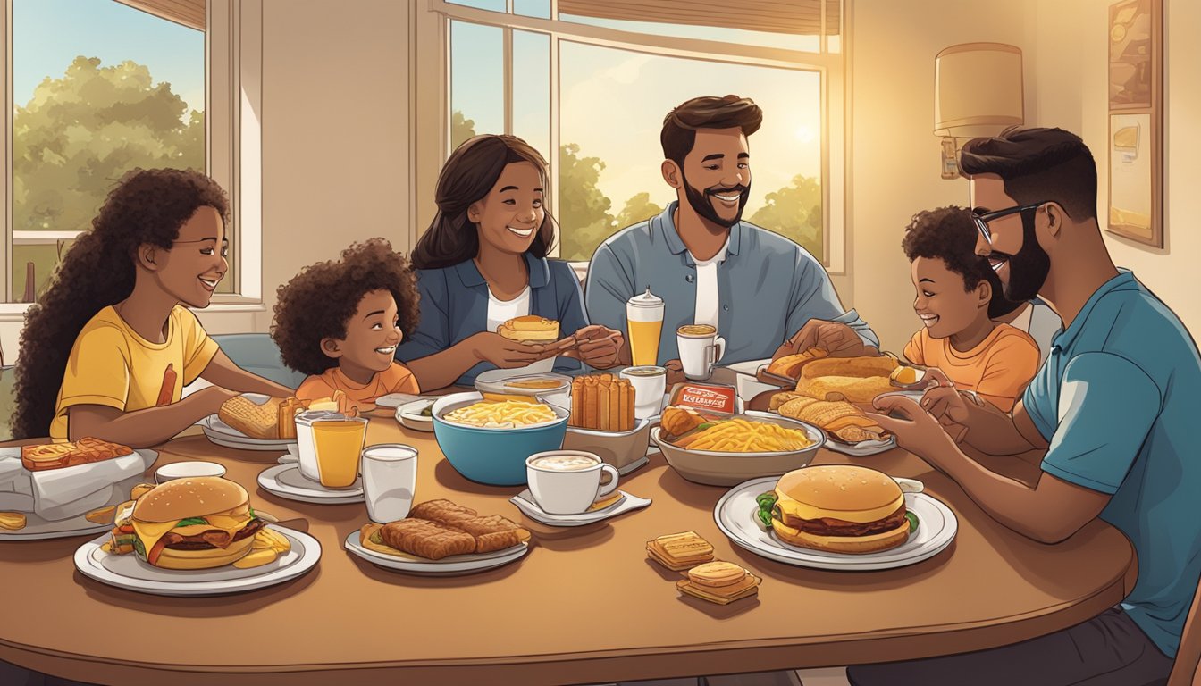 A family sitting around a breakfast table with a spread of Carl's Jr. breakfast items, including biscuits, burritos, and coffee