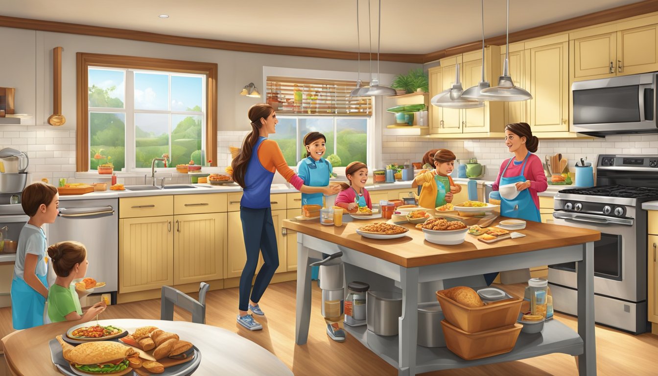 A bustling modern family kitchen with a spread of Carl's Jr. breakfast items, from biscuits to burritos, being enjoyed by multiple generations