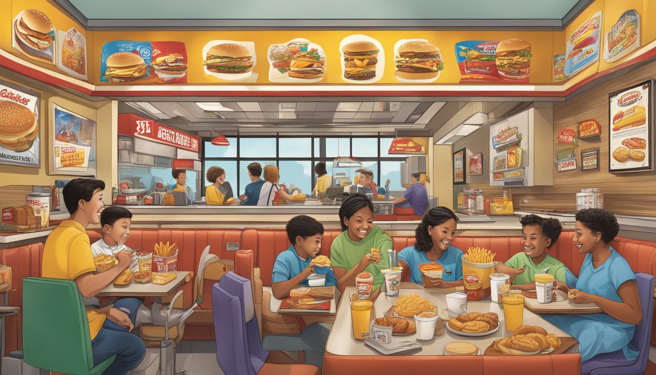 A family enjoying a traditional breakfast at Carl's Jr., surrounded by generations of memorabilia and competing fast food logos