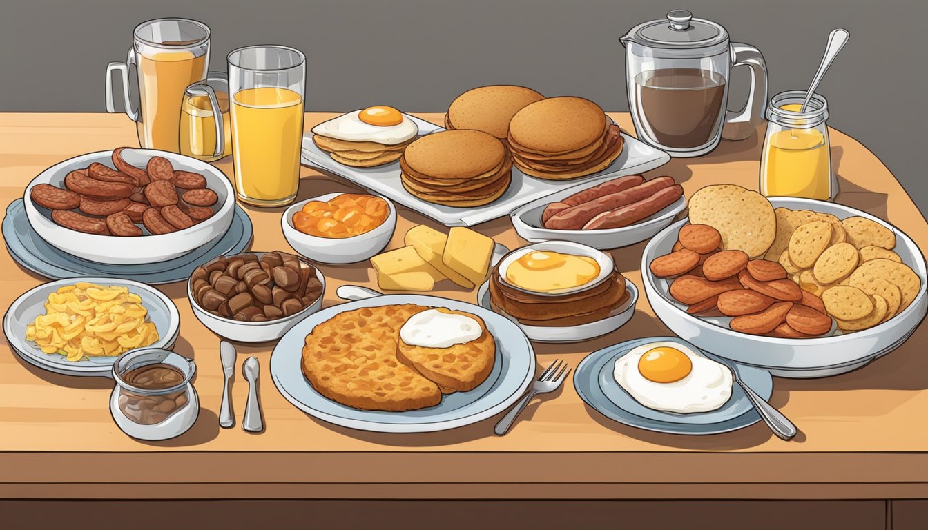 A table set with a variety of breakfast items, including biscuits, eggs, bacon, sausage, and hash browns, with labels indicating their names