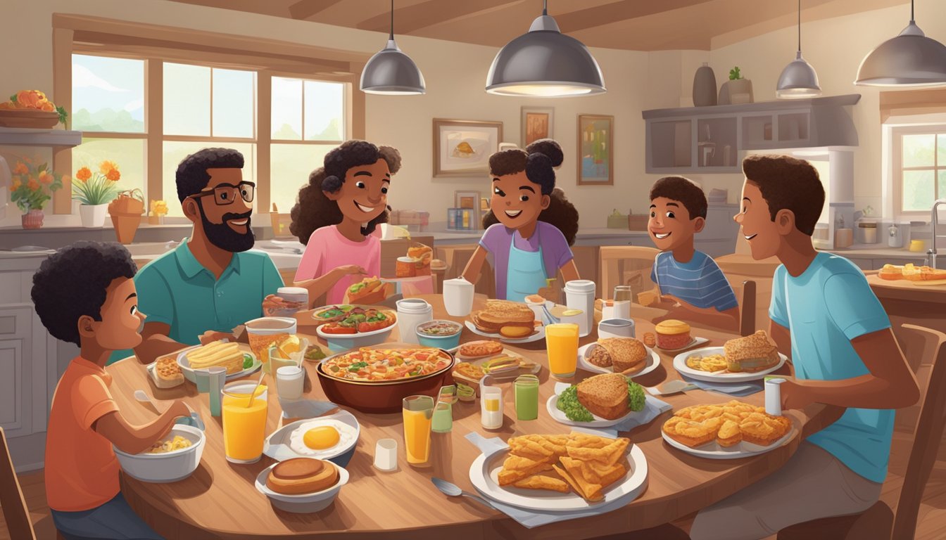 A cozy kitchen table set with a spread of Carl's Jr. breakfast items, surrounded by family members of different ages enjoying the meal together