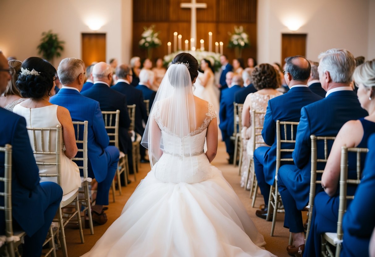 The mother of the bride sits in the front row, near the aisle, facing the altar. She is surrounded by family and friends, and is elegantly dressed for the occasion
