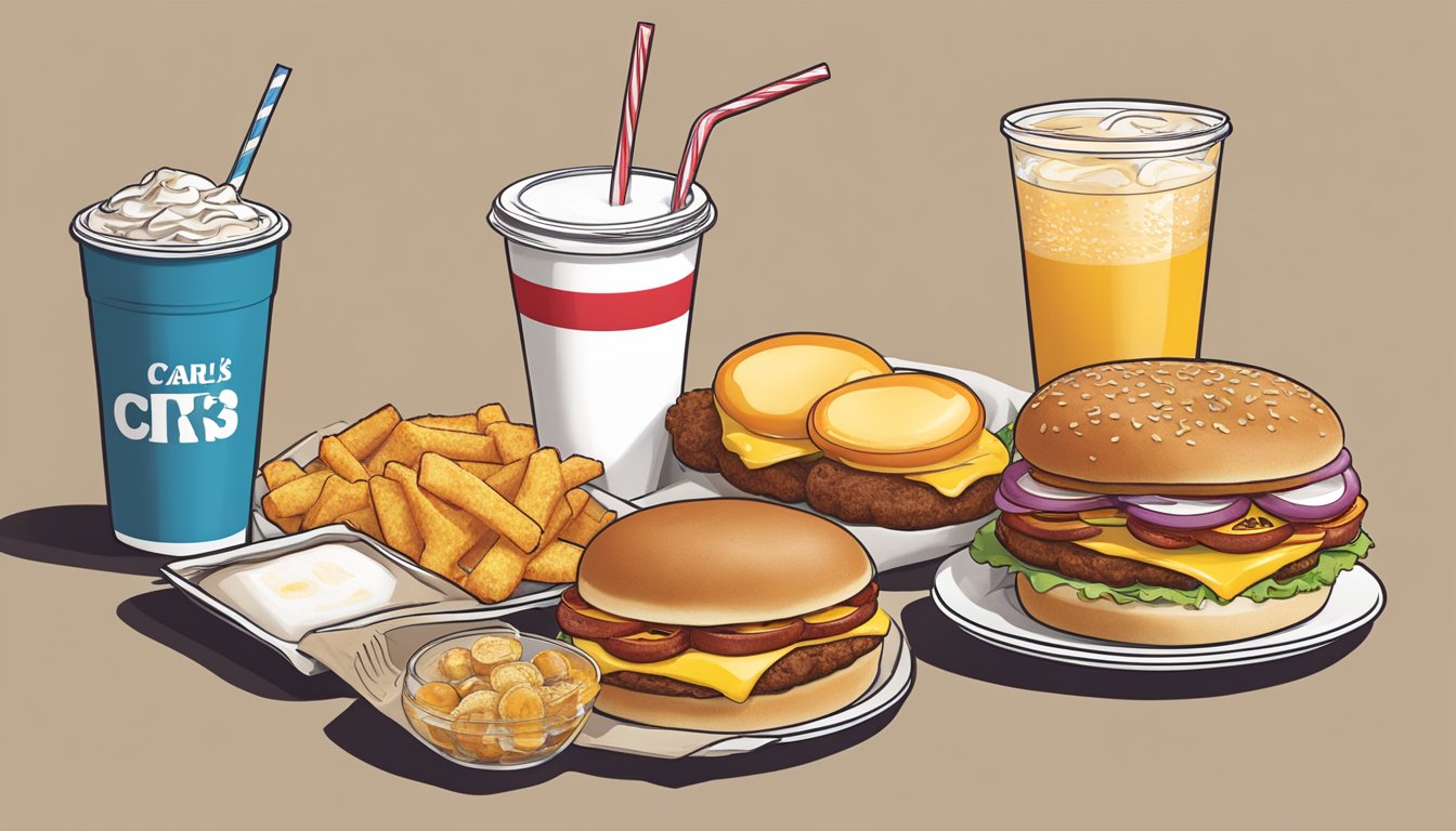 A table set with a breakfast combo from Carl's Jr., featuring a breakfast sandwich, hash rounds, and a choice of drink