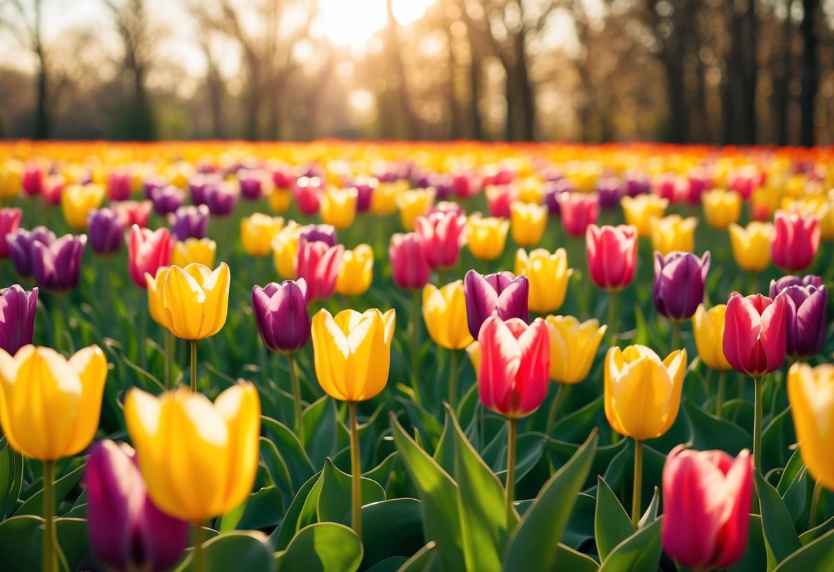 A vibrant, blooming field of colorful tulips, bathed in golden sunlight, with a gentle breeze carrying their sweet fragrance