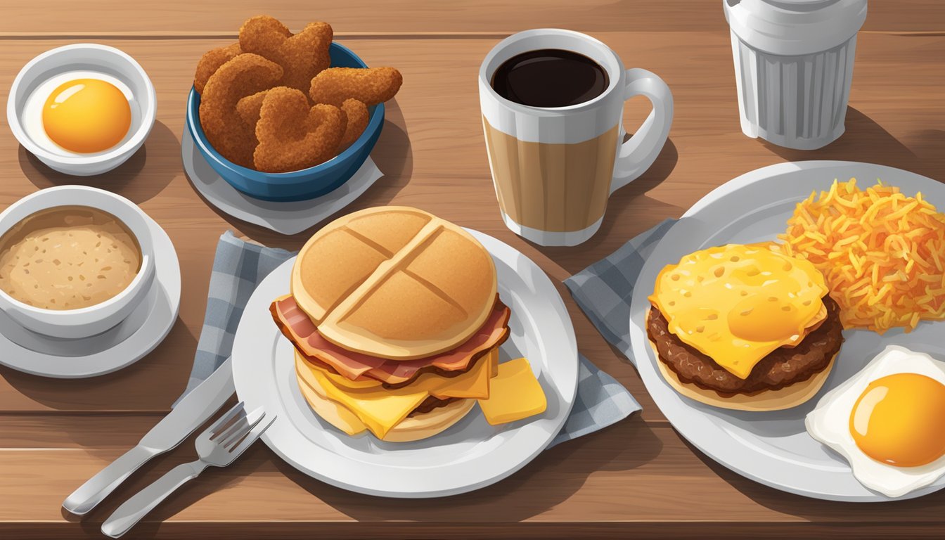 A table set with a variety of breakfast items from Carl's Jr., including biscuits, eggs, bacon, sausage, and hash browns, with a cup of coffee on the side