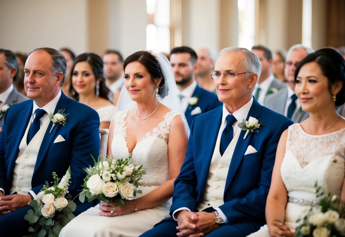 The mother of the bride sits in the front row on the left side of the aisle, opposite the groom's parents