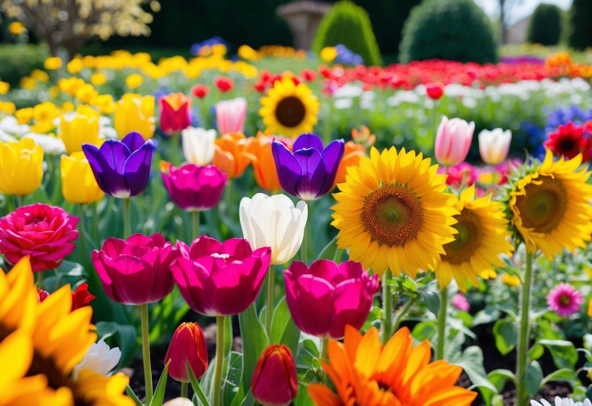 A vibrant garden with a colorful array of popular flowers, including roses, tulips, daisies, and sunflowers, all in full bloom