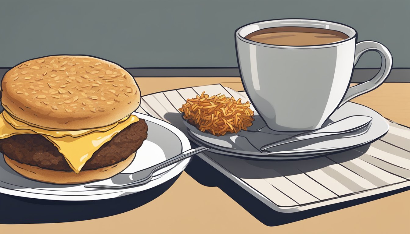 A steaming cup of coffee sits next to a hearty breakfast sandwich and crispy hash browns on a clean, modern table