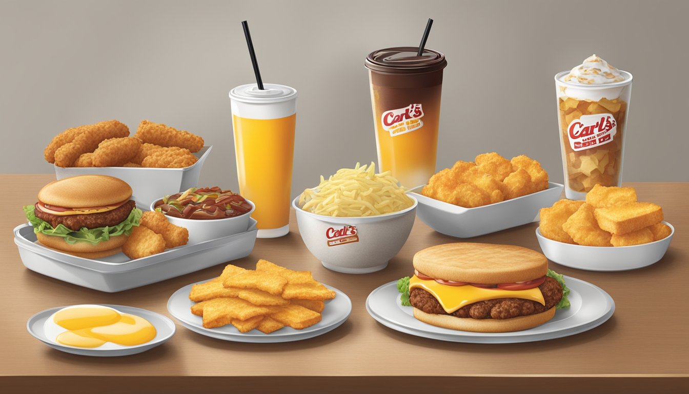 A table set with a variety of breakfast items from Carl's Jr., including biscuits, breakfast burritos, and hash browns, with a menu open and highlighted