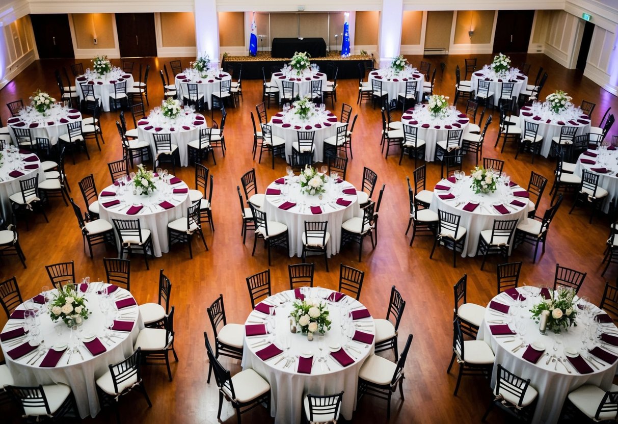 A banquet hall with round tables arranged in a grid, each adorned with elegant place settings and centerpieces. A designated head table at the front, with smaller tables for family members nearby