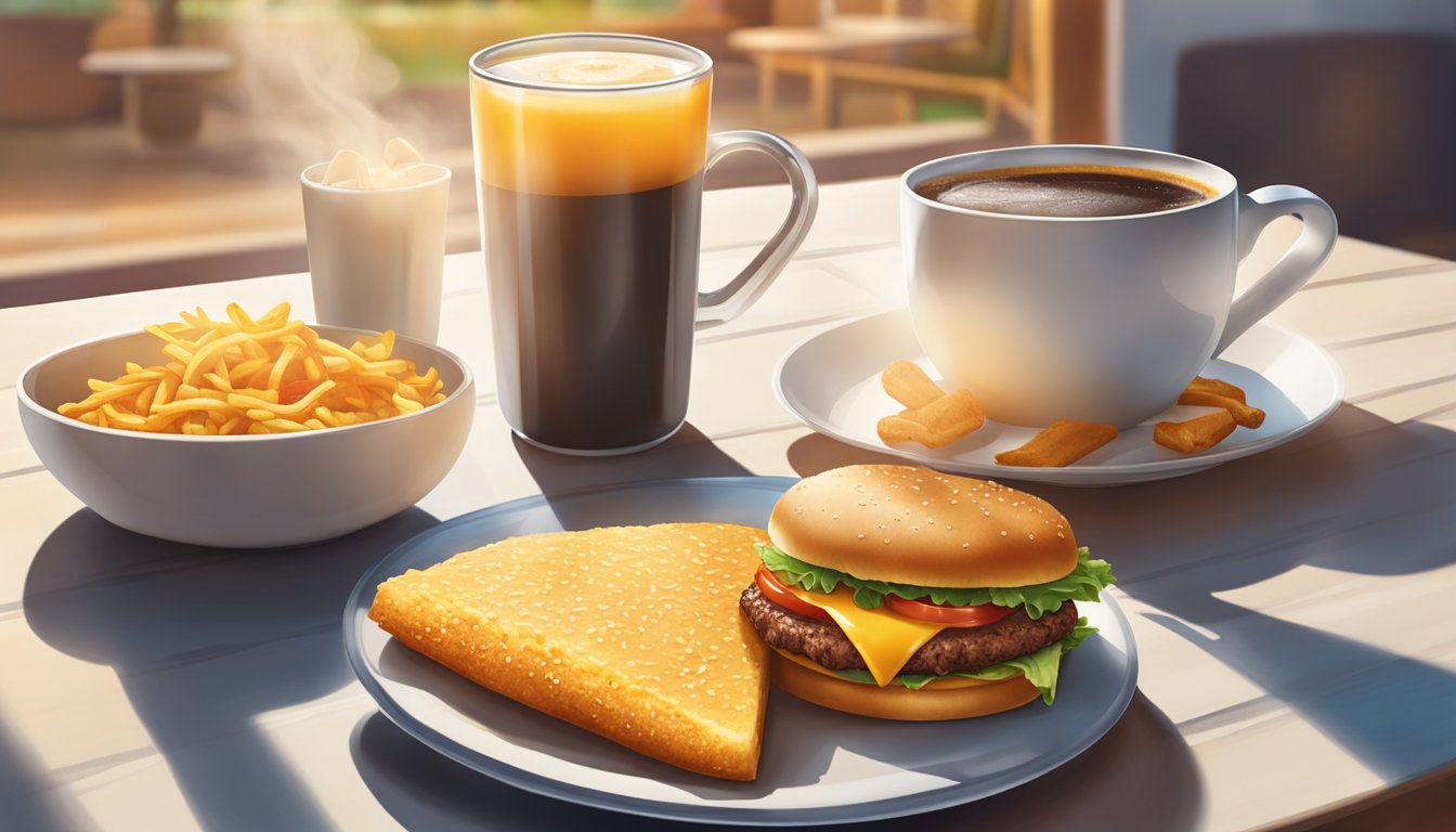 A sunny breakfast table with a steaming cup of coffee next to a hearty Carl's Jr. morning meal