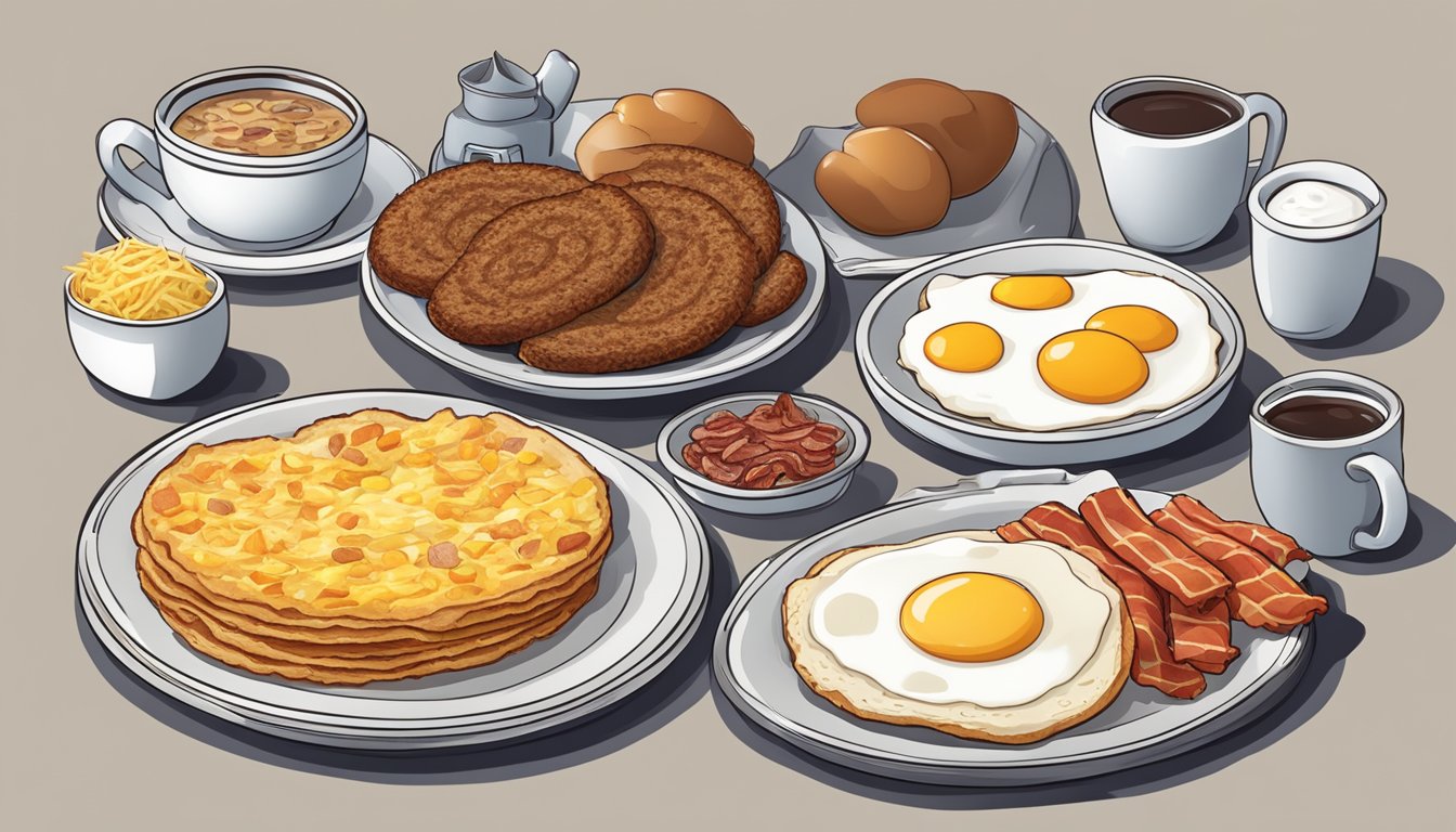 A breakfast plate with a variety of items such as eggs, bacon, sausage, hash browns, and biscuits, alongside a menu with breakfast terminology