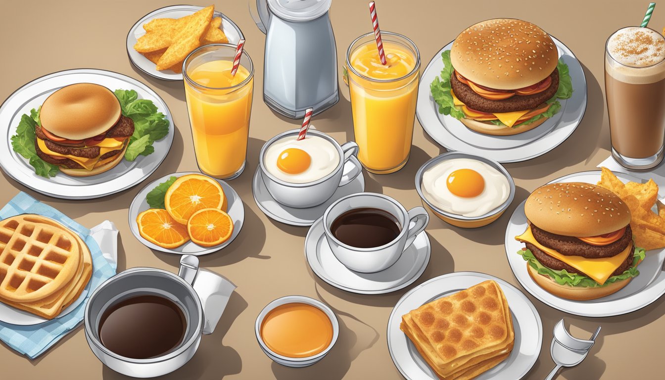 A breakfast spread with a Carl's Jr. morning meal paired with various drink options such as coffee, orange juice, and milk