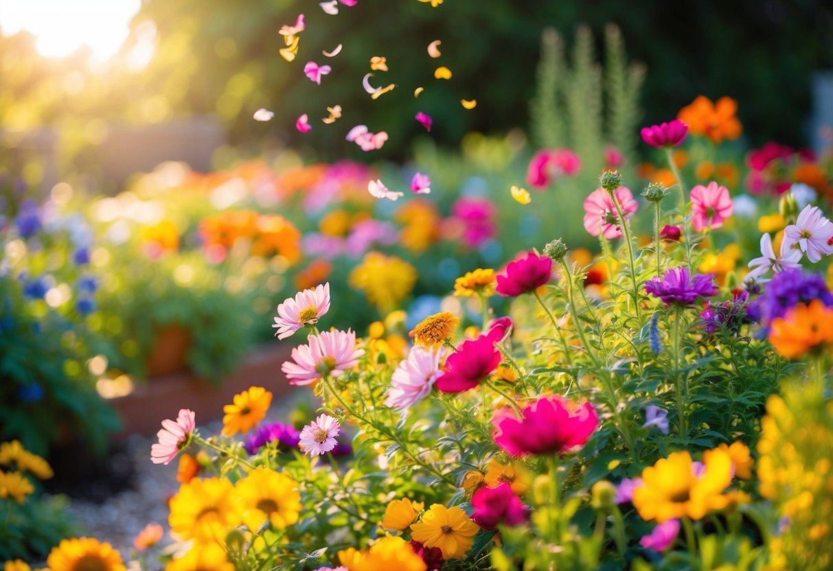 A colorful garden with a variety of blooming flowers, basking in the warm sunlight with a gentle breeze blowing through the petals