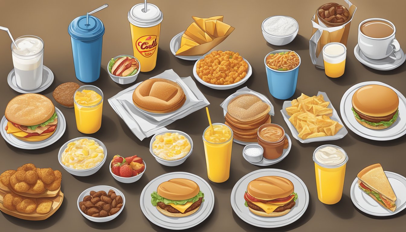 A breakfast menu spread with various items labeled and categorized at Carl's Jr. Illustrating the variety and options for health and nutrition