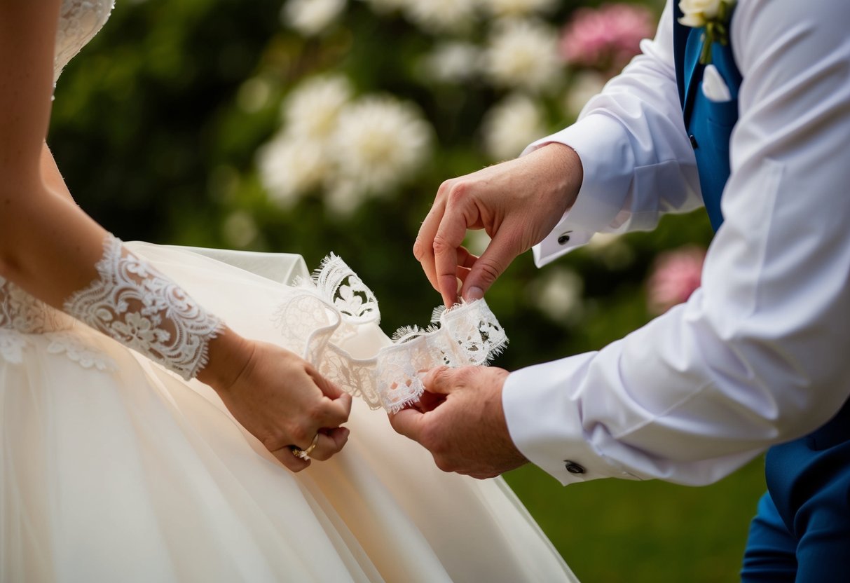 The groom carefully arranges the bride's lace garter with a delicate touch