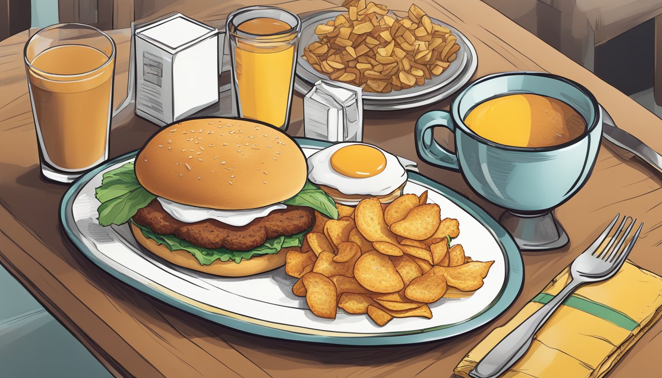 A table set with a breakfast combo including a sandwich, hash browns, and a drink, with pricing displayed next to each item