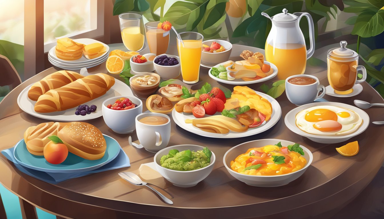 A table with a breakfast menu, featuring various food items and special offers, surrounded by a vibrant and inviting atmosphere