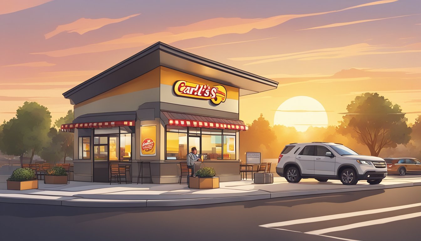 A person holding a breakfast sandwich and coffee cup, walking past a Carl's Jr. restaurant with a sunrise in the background