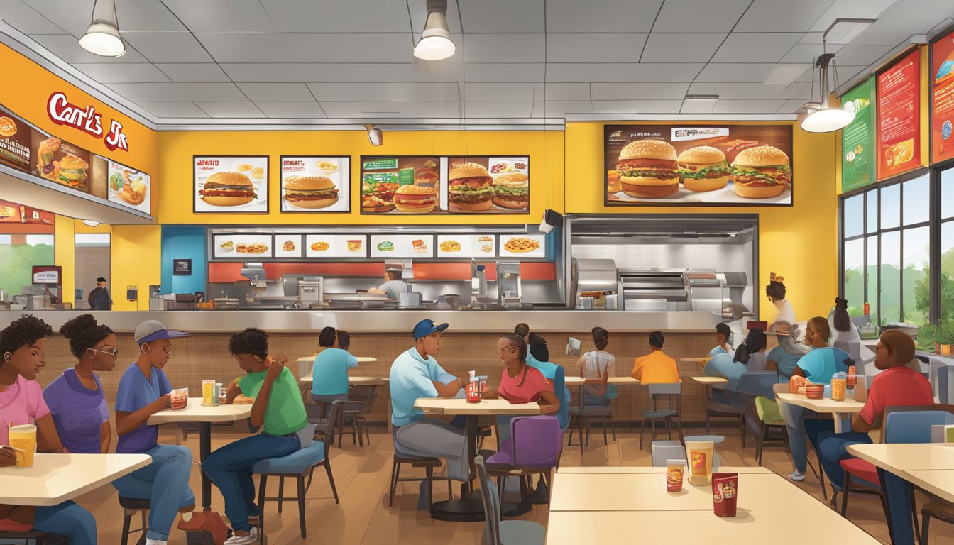 A bustling 24-hour Carl's Jr. restaurant with a diverse breakfast menu displayed on digital screens and colorful posters. Customers of all ages and backgrounds enjoy their meals at various tables