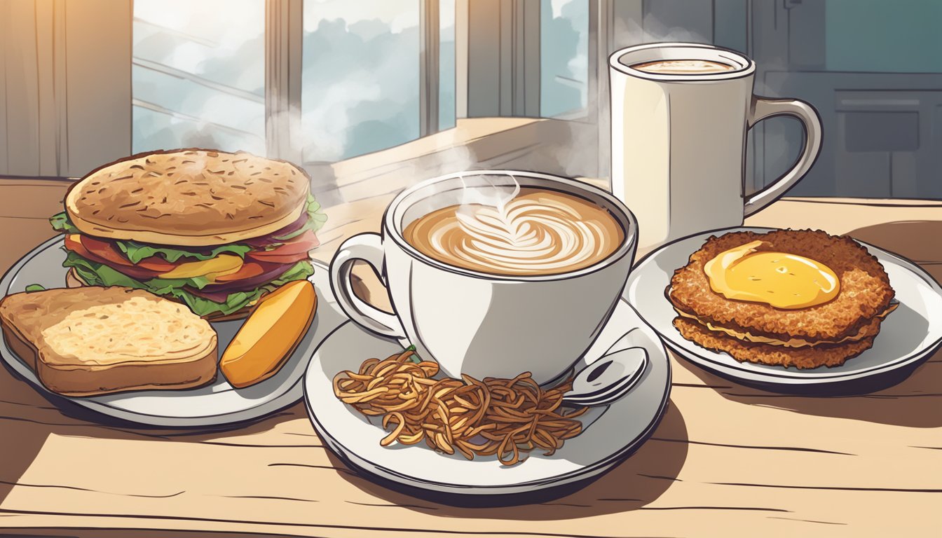 A steaming cup of coffee sits next to a hearty breakfast sandwich and crispy hash browns on a sunny breakfast table